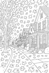 Obraz premium Fall Suburban Landscape – Peaceful Autumn Neighborhood Illustration, perfect for KDP