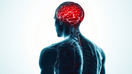 Calm man facing away, internal red lighting in brain and chest seen through translucent anatomy on pure white backdrop. png