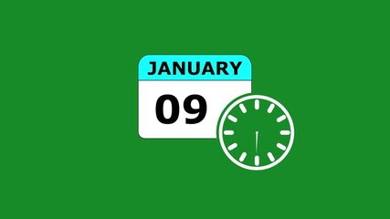 09 JANUARY month calendar icon with symbol. Simple calendar icon animation and date change of time month. Calendar icon Sign on black background. Calendar Pendulum Animation
