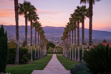 Obraz premium Strolling down paradise with rows of palm trees at sunset with the mountains as a scenic backdrop in landscape
