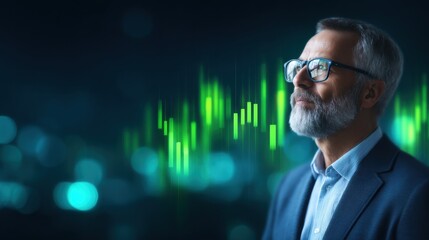 A thoughtful older man with glasses gazes upward, surrounded by glowing green sound wave graphics, suggesting insight and analysis in a modern context.