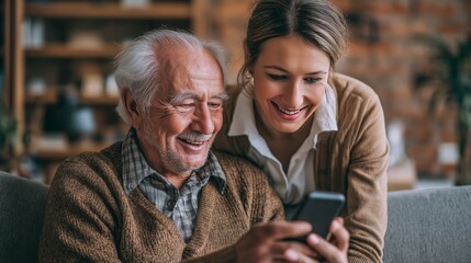Elderly man and young woman sharing a joyful moment while using a smartphone at home