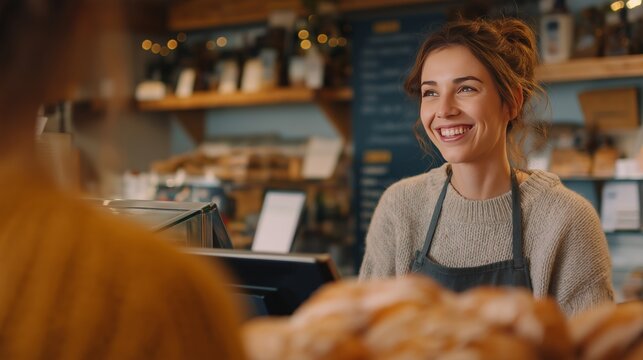 Smiling barista serving customers in cozy bakery during morning hours