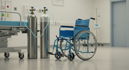 A hospital room scene featuring a blue wheelchair next to two large oxygen cylinders and a hospital bed, representing medical care and equipment.