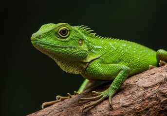 Fototapeta premium Green crested lizard resting on a branch close up portrait