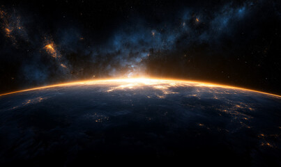 Fototapeta premium view of Earth from space, with a focus on the illuminated horizon during what appears to be sunrise or sunset. It combines elements of astronomy