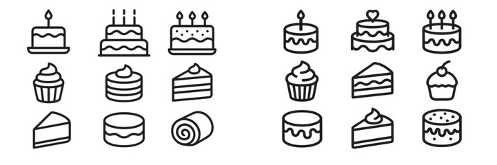 Variety of cakes and desserts illustrated in simple line art, ideal for celebrations and occasions