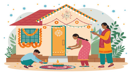 Indian Festival Celebration Depicting People and Decorated House