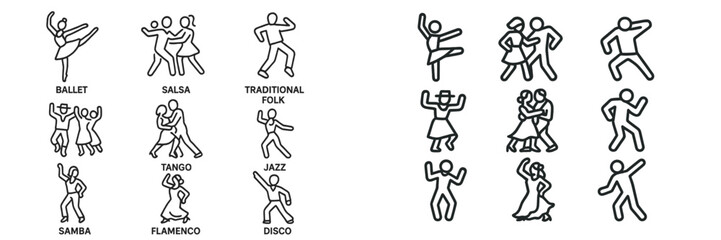 Various dance styles illustrated with figures demonstrating movements in a playful and engaging manner