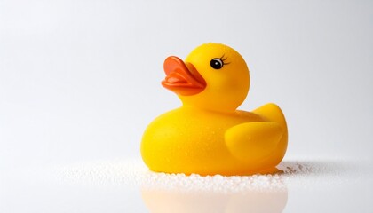 Yellow rubber duck with orange beak on white surface with water droplets