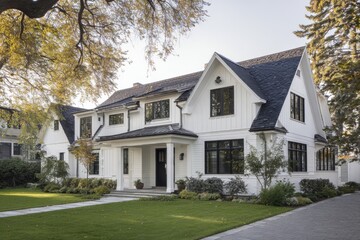 A contemporary suburban home adorned with a pristine white exterior features a charming front porch, nestled in a peaceful neighborhood during the daytime