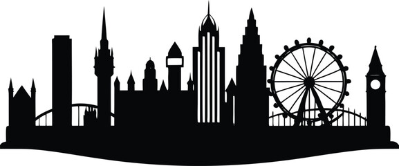 Iconic London skyline silhouette featuring famous landmarks against a clean white background