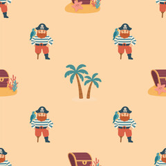 A Fun Pattern Featuring Pirates, Parrots, Treasure Chests, and Tropical Elements in a Playful Design Perfect for Children's Decor