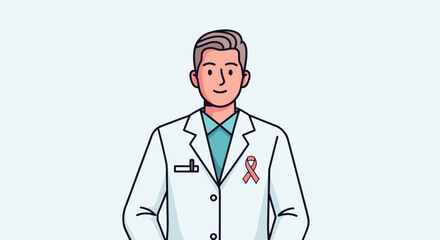 Fototapeta premium Friendly Male Doctor in a White Lab Coat with a Pink Ribbon: A Compassionate Representation of Healthcare Professionals Committed to Patient Care and Awareness Initiatives