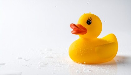 Yellow rubber duck with orange beak on white surface with water droplets