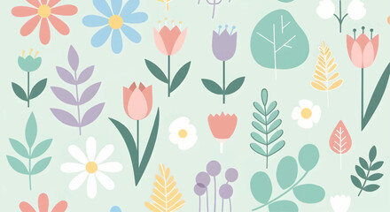 Seamless floral pattern with tulips and spring flowers in soft pastel colors for textile, wallpaper, and decorative vector design.