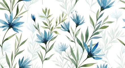 Delicate blue watercolor wildflowers with green stems on a white background