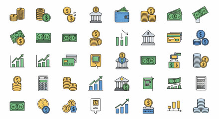 Fototapeta premium Banking and finance icon set with money, coins, safe, bank, credit card, and investment elements in modern colorful vector design.