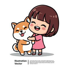 Adorable Girl Hugging Shiba Inu Dog Cartoon Illustration