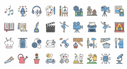 Creative hobbies and leisure icons with music, painting, cinema, photography, sports, and artistic entertainment elements in colorful vector design.
