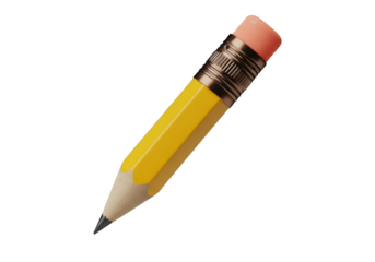 A small yellow pencil with a pink eraser is isolated on transparent background and ready to write, draw, or sketch ideas