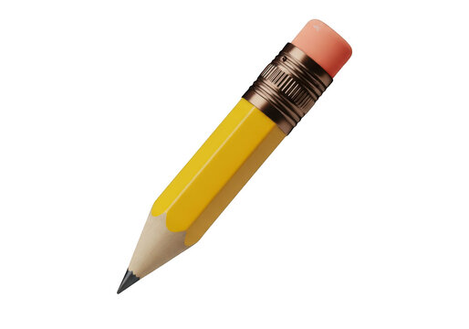 A small yellow pencil with a pink eraser is isolated on transparent background and ready to write, draw, or sketch ideas