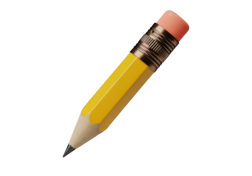 A small yellow pencil with a pink eraser is isolated on transparent background and ready to write, draw, or sketch ideas