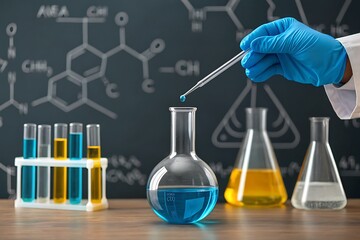Scientist adding liquid to flask with chemical formulas on chalkboard