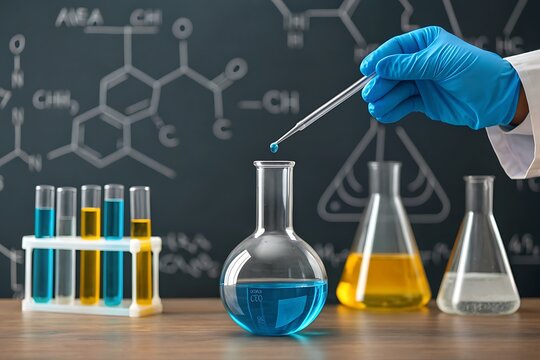 Scientist adding liquid to flask with chemical formulas on chalkboard