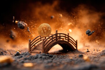 A golden Bitcoin coin rests on a wooden bridge amidst an explosive, smoky background, symbolizing the intersection of finance and technology.