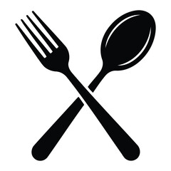 Vector illustration of a fork and spoon crossed in black silhouette on a white background for kitchen, dining, and restaurant concepts