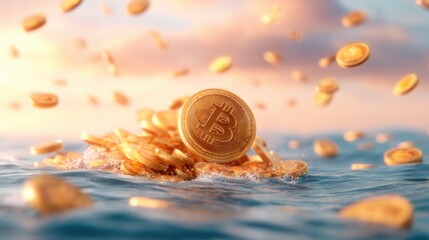 A visual representation of gold Bitcoin coins splashing into water, signifying wealth and digital currency's connection to the ocean.