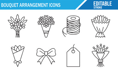 Editable vector icons of bouquet arrangements including flowers, ribbons, and gift tags