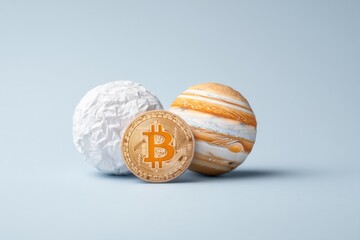 A gold Bitcoin sits between a crumpled paper ball and a textured planet Jupiter, symbolizing the intersection of finance, creativity, and the universe.