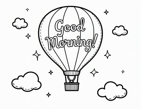 Good Morning Hot Air Balloon Coloring Page Line Art