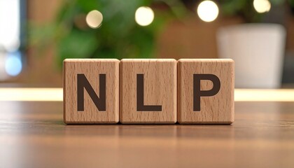 Wooden blocks spelling “NLP” on table with blurred green background
