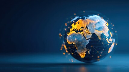 A glowing globe displaying interconnected data points, representing global connectivity and technology in a dark background.