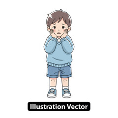 Illustration of a worried little boy with a sad expression holding his face in anxiety.