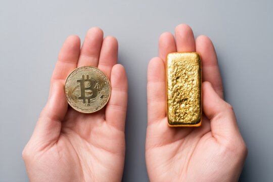 A comparison of cryptocurrency and traditional gold, depicted through a hand holding a Bitcoin on one side and a gold bar on the other.