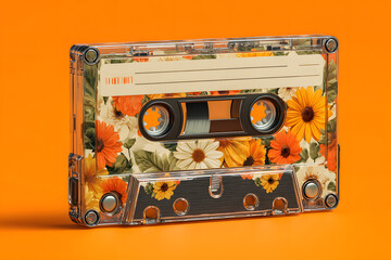 A transparent audio cassette tape with a vintage floral design featuring orange, yellow, and white flowers against an orange background.