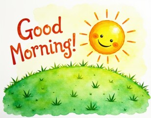 Cheerful Good Morning Sun and Grassy Hill Watercolor Illustration