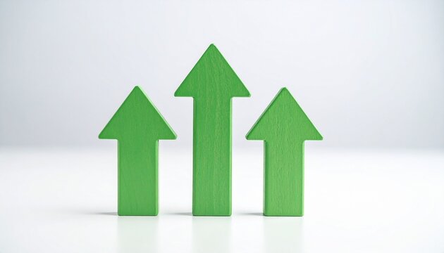 Three green upward arrows on wooden floor against white wall