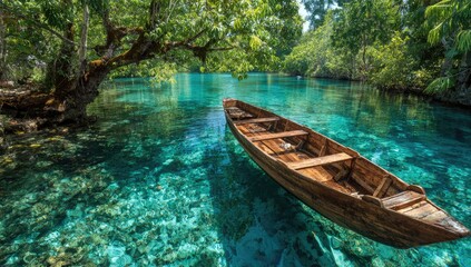 Tranquil lagoon with wooden boat