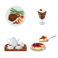 Fine Dining Vector Set: Steak Dinner, Chocolate Parfait, Tea Service, Cheesecake - Gourmet Meal Graphics for Restaurant Design Food Blog