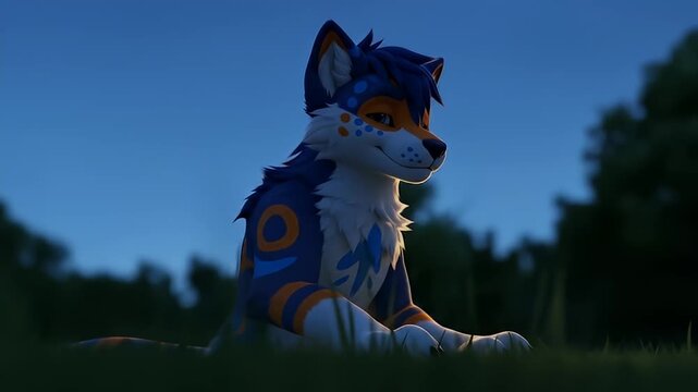 Furry character sits in grass against a blue sky background, looking peaceful and calm