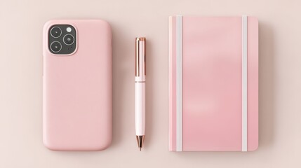 Pastel Pink Branding Mockup: Phone Case, Notebook, and Pen on Light Background.