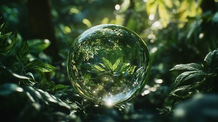 A crystal ball reflecting greenery surrounded by leaves in a lush green environment outdoors