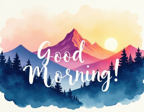 Vibrant Watercolor Good Morning Mountain Landscape Illustration