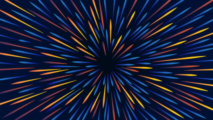 A colorful background with a radial pattern of blue, orange, and yellow lines spreading from a dark center, creating a dynamic abstract light explosion or fireworks effect.
