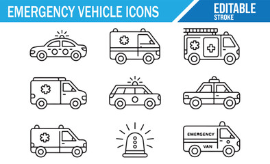 Emergency services icons set including ambulances, police cars, and emergency vehicles in vector format.